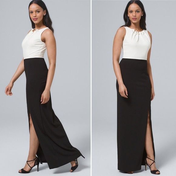 Nicole Miller Color Block Pearl Neck Gown 6 $395 Black White Formal Maxi Dress - Picture 1 of 7